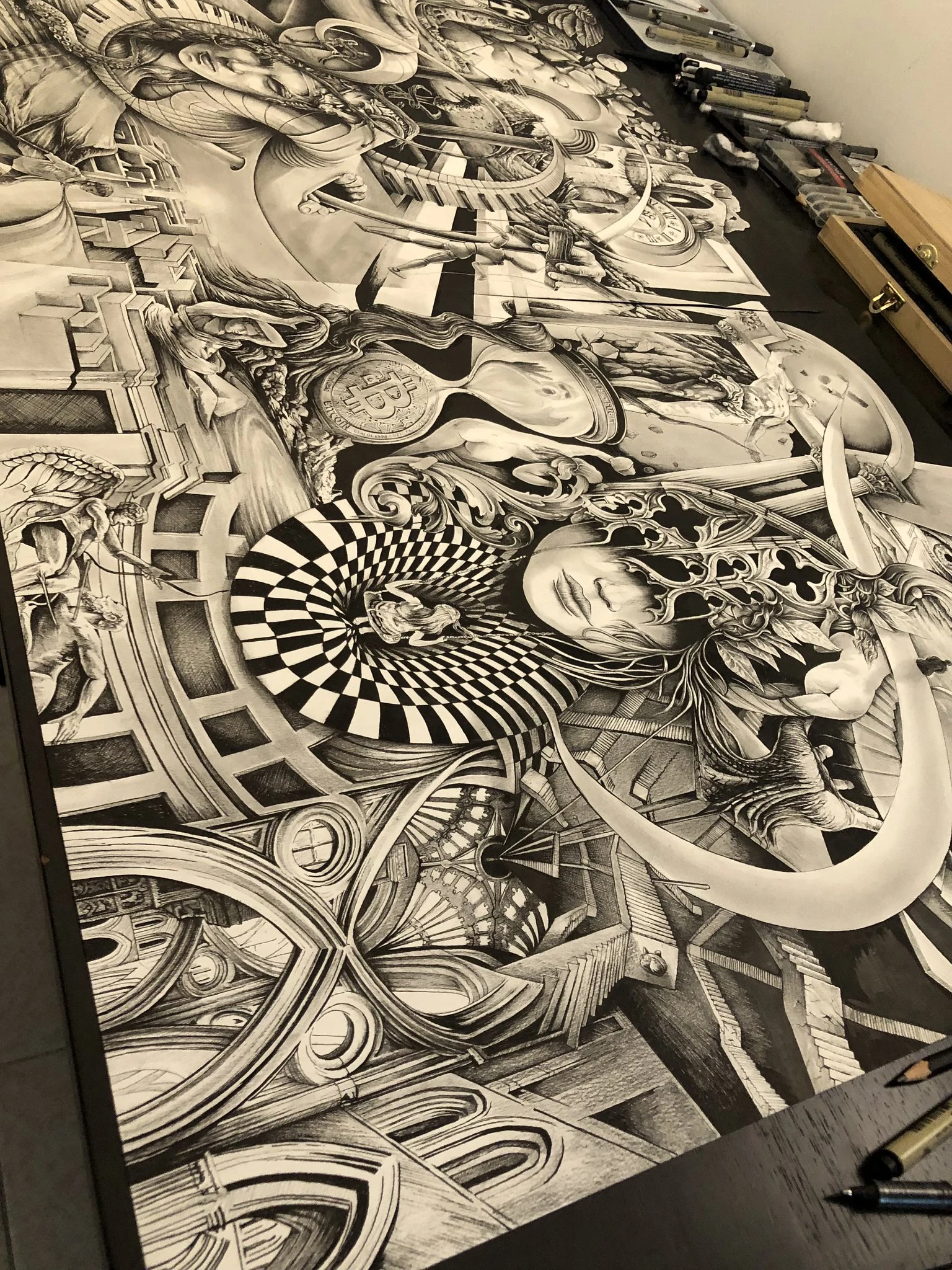 Large connected drawing in the studio