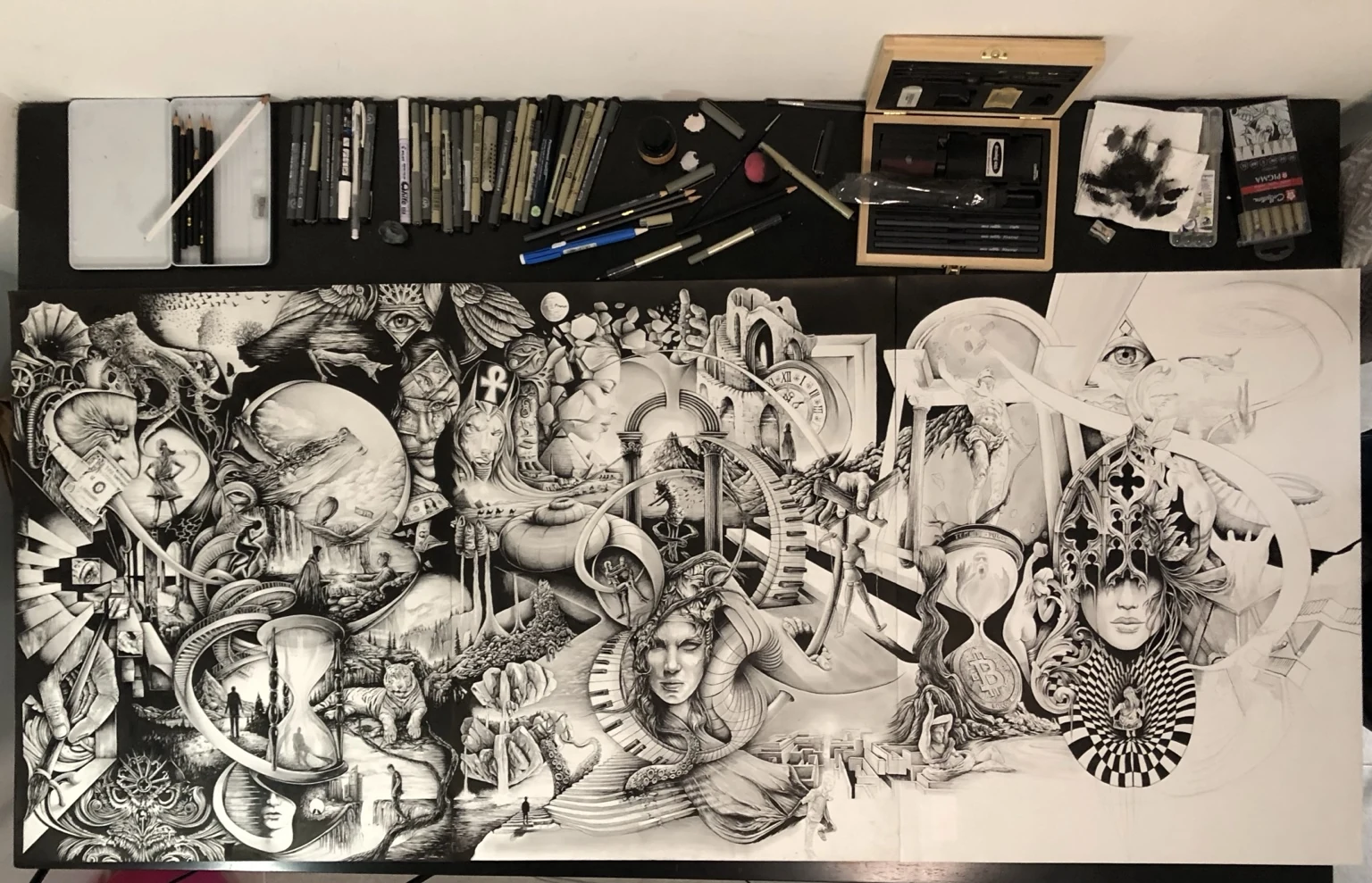 Connected drawings on the studio table